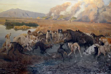 (detalle) de la pintura de Eugenio Cecconi La Caza del Jabalí en el Pantano de Burano en la Galleria d